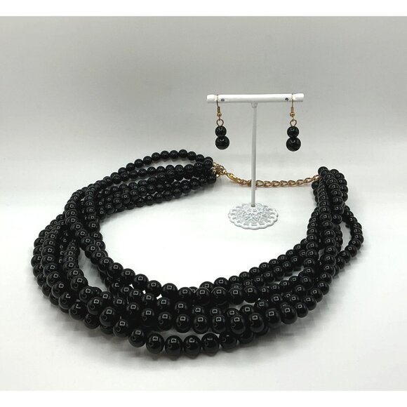 Black Multi-Strand Beaded Necklace & Matching Dangle Earrings Set With Gold-Tone - Picture 4 of 6